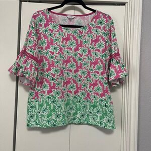 Crown & Ivy Womens Pink Green Palm Tree Tropical Bell Sleeve Top Large